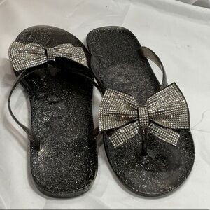Sparkly Black Sandals with Rhinestone Bows